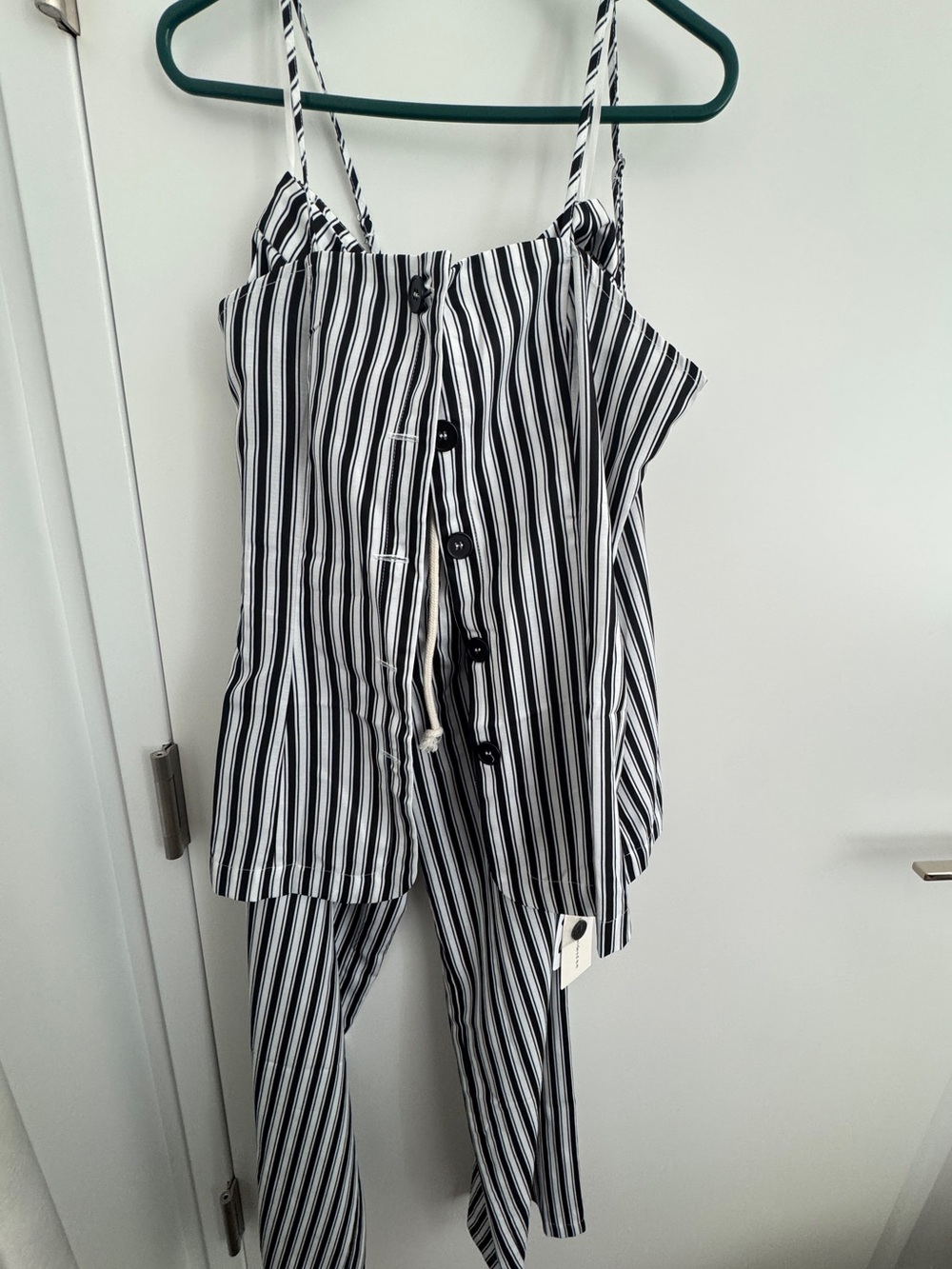 Commense Black & White Vertical Stripe Spaghetti Strap Pajama Set